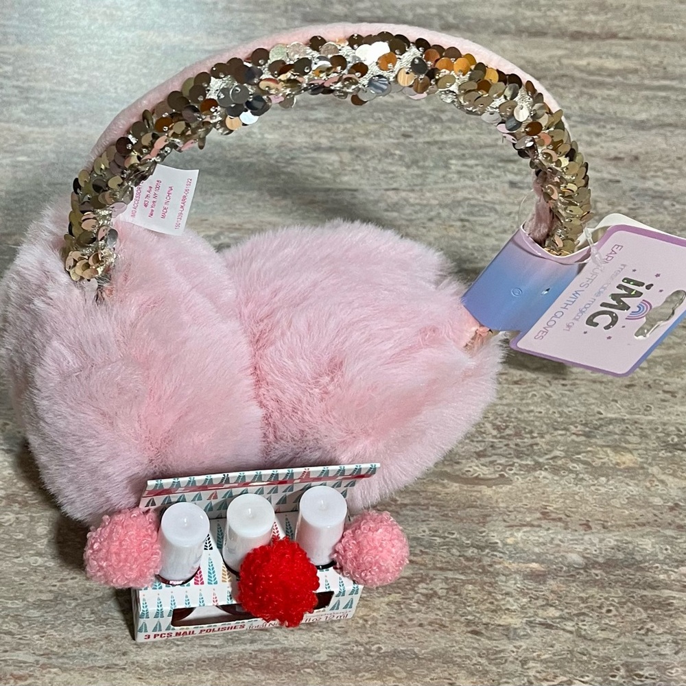 NWT IMG earmuffs with sequins for big girls and 3-pack nail polish set
